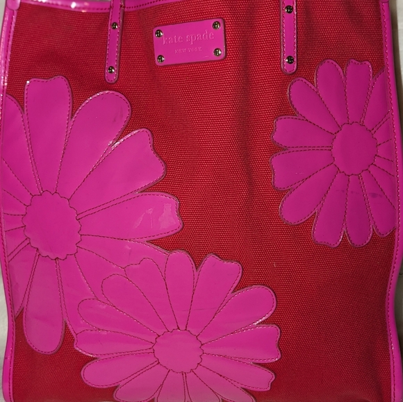 Kate Spade Canvas Patent Floral Tote Red Pink RARE EUC - Picture 16 of 16